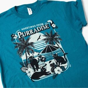 “Greetings From Purradise” Teal Cat Lady Shirt Small NEVER WORN